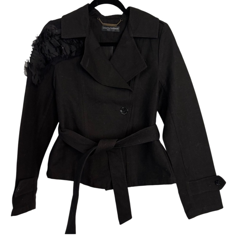 Dolce & Gabbana Black Blazer with Notched Lapel flower accent tie waist